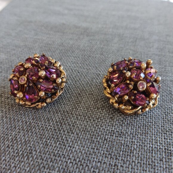 Barclay of Providence Jewelry - Purple rhinestone and gold, Barclay, vintage mid century clip on earrings